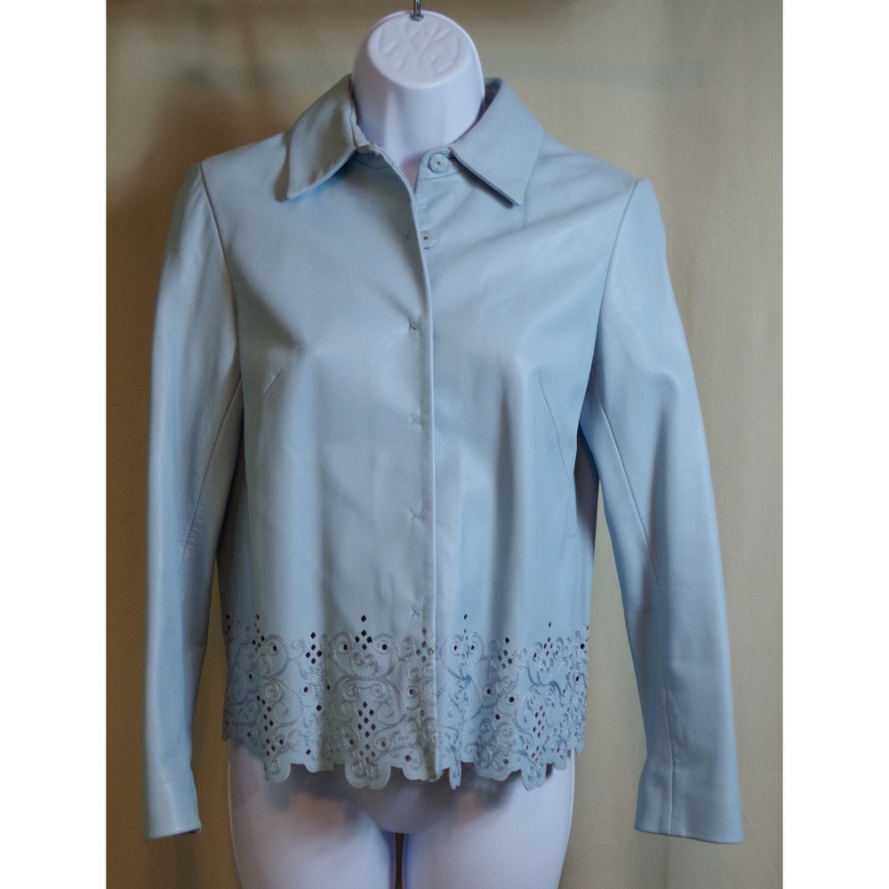 Dana Buchman Woman's Size 2 Petite Light Blue Lambskin Leather Eyelet Jacket